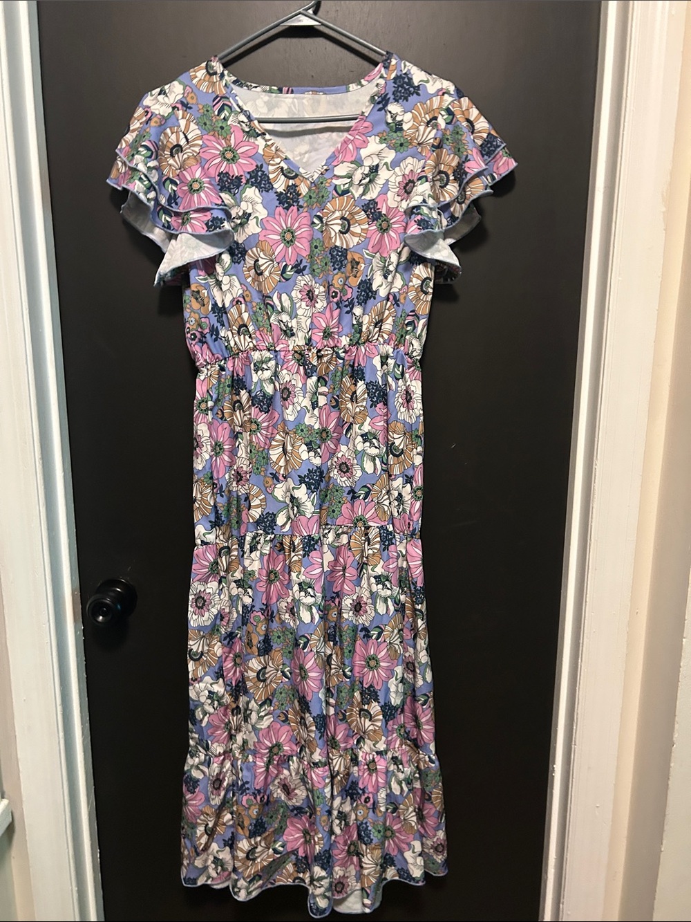 Floral Tiered Midi Dress in Lavender and Pink